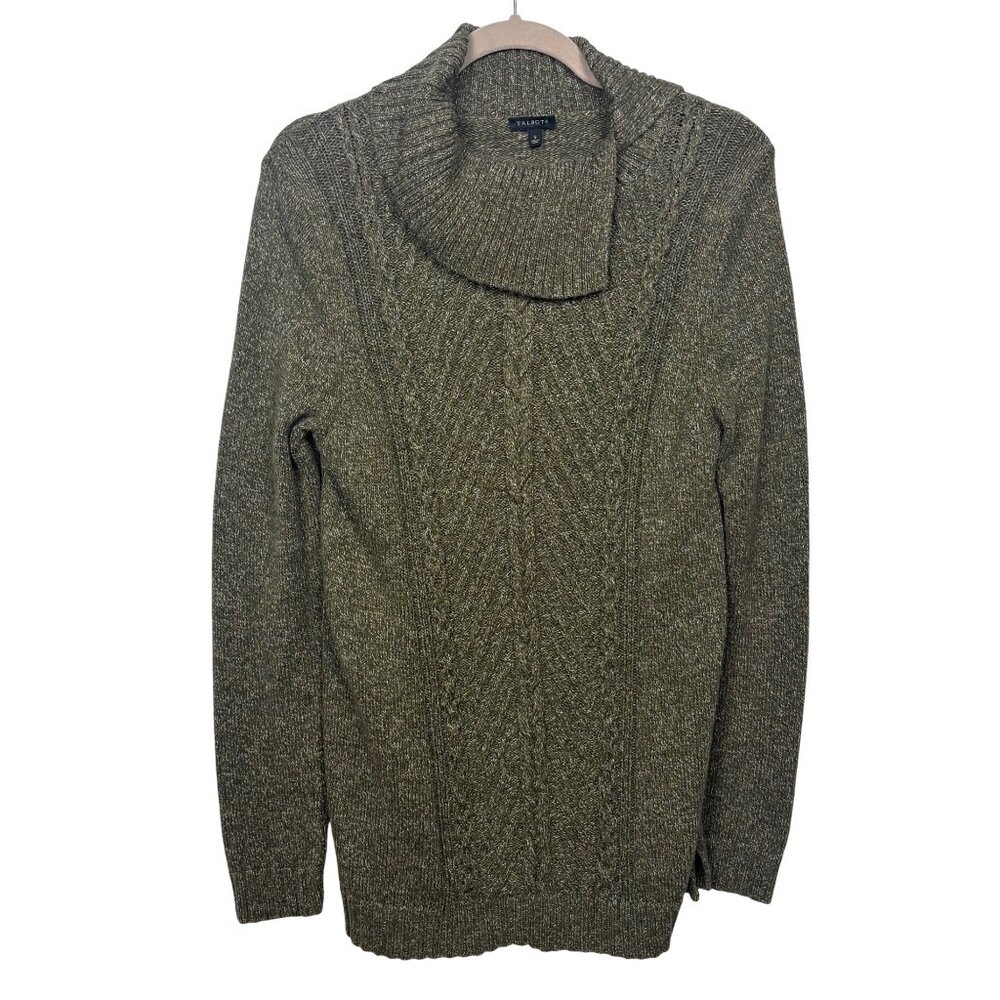 Talbots S Olive Green Marled Cable Knit Sweater 100% Cotton Fold-Over Collar